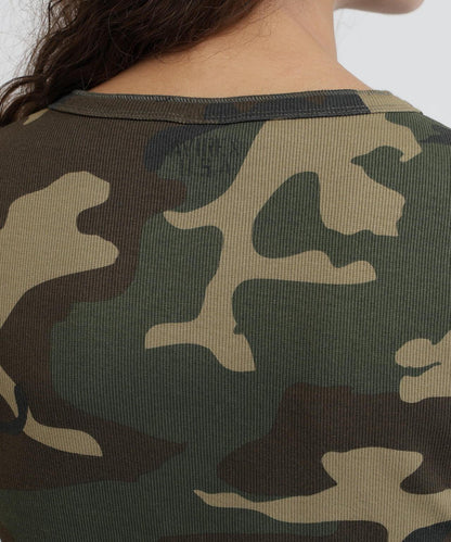 DAILY WOMAN RIB CAMO S/S HENLEY NECK T-SHIRT