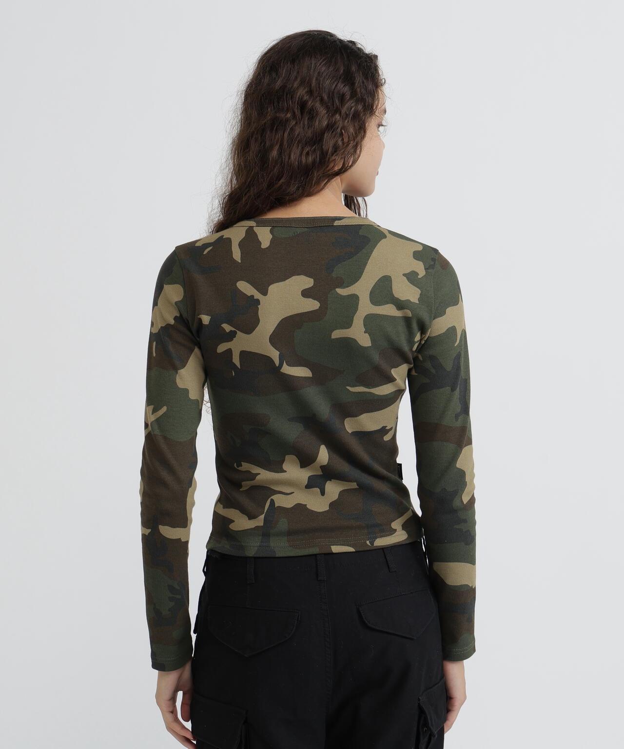 DAILY WOMAN RIB CAMO L/S HENLEY NECK T-SHIRT
