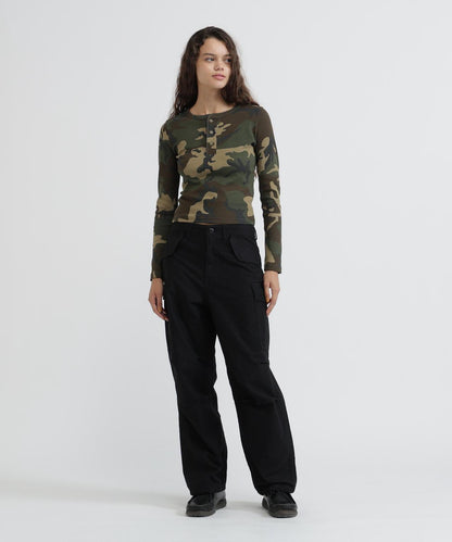 DAILY WOMAN RIB CAMO L/S HENLEY NECK T-SHIRT