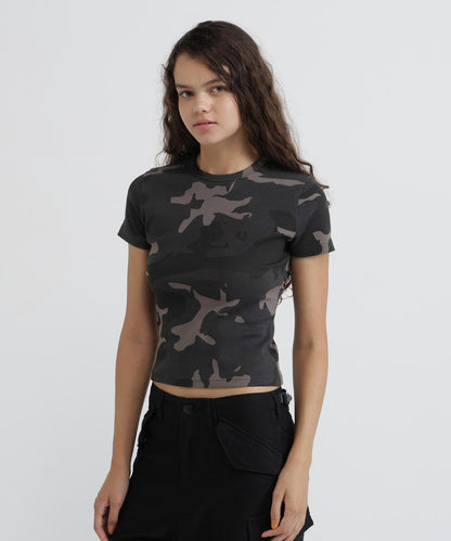 DAILY WOMAN RIB CAMO S/S CREW NECK T-SHIRT