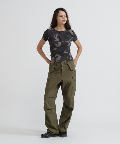 DAILY WOMAN RIB CAMO S/S HENLEY NECK T-SHIRT