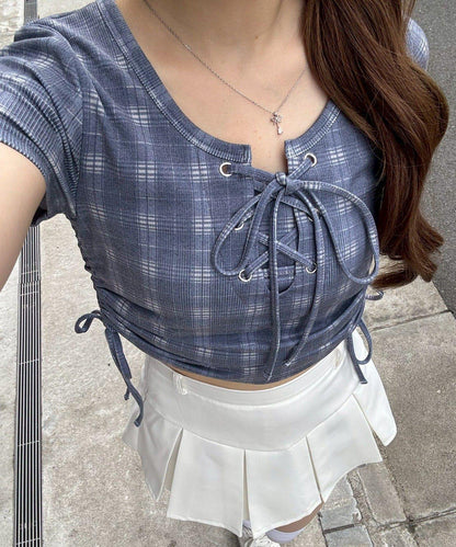 【continuer】抽繩蕾絲綁帶羅紋上衣