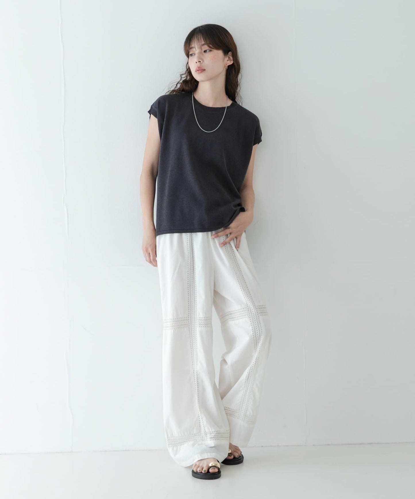 亞麻感法式袖夏季針織套頭衫