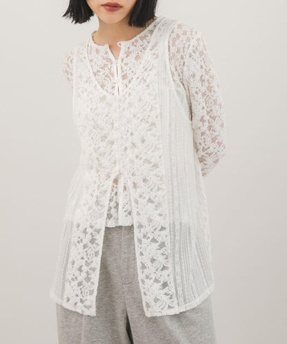 拼色蕾絲馬甲套裝針織開衫