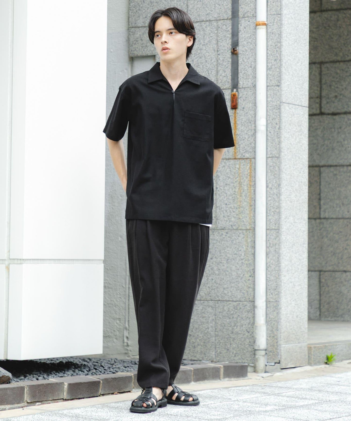 亞麻混紡套頭短袖襯衫