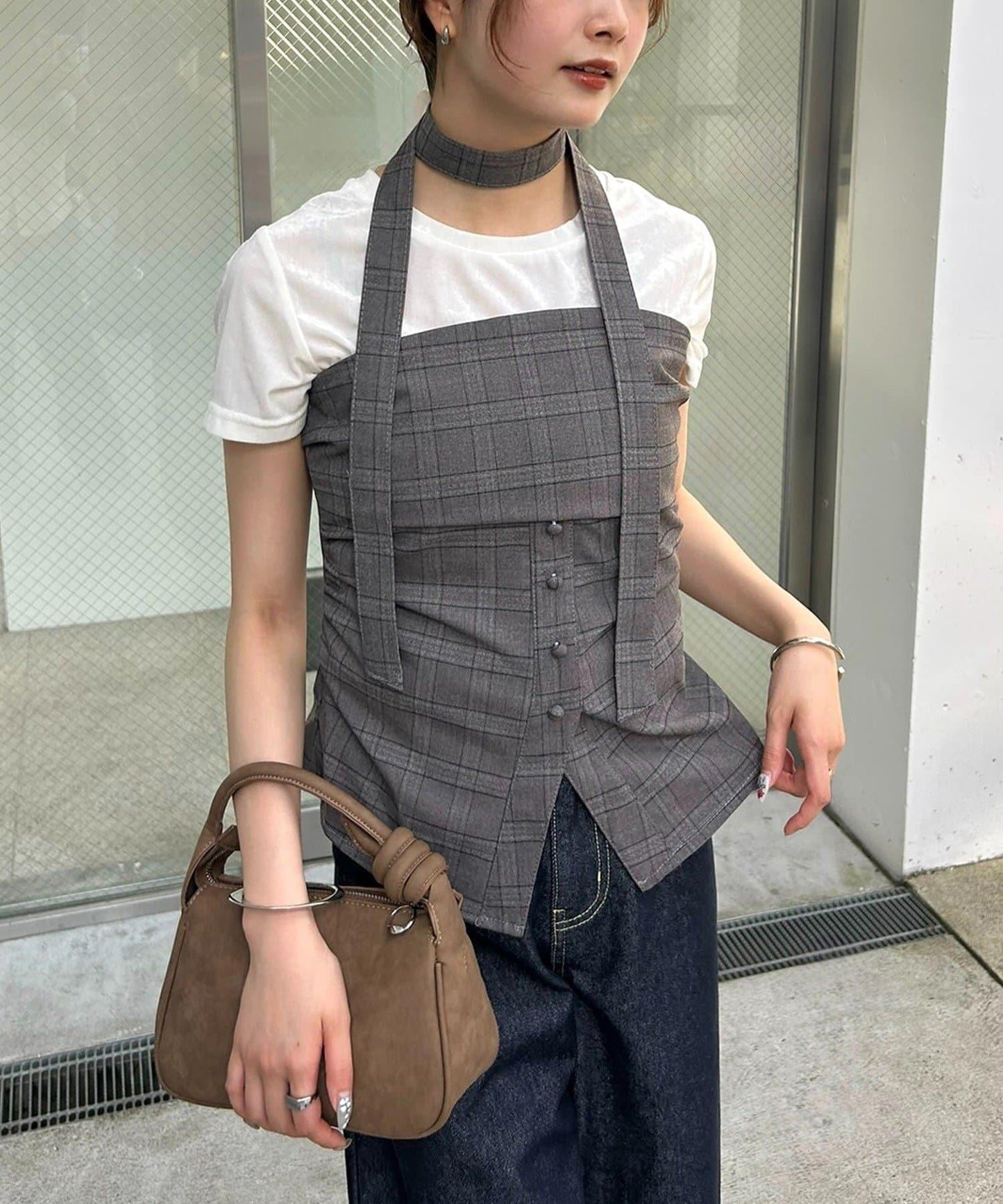 格紋抹胸上衣附項圈