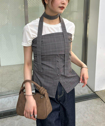 格紋抹胸上衣附項圈