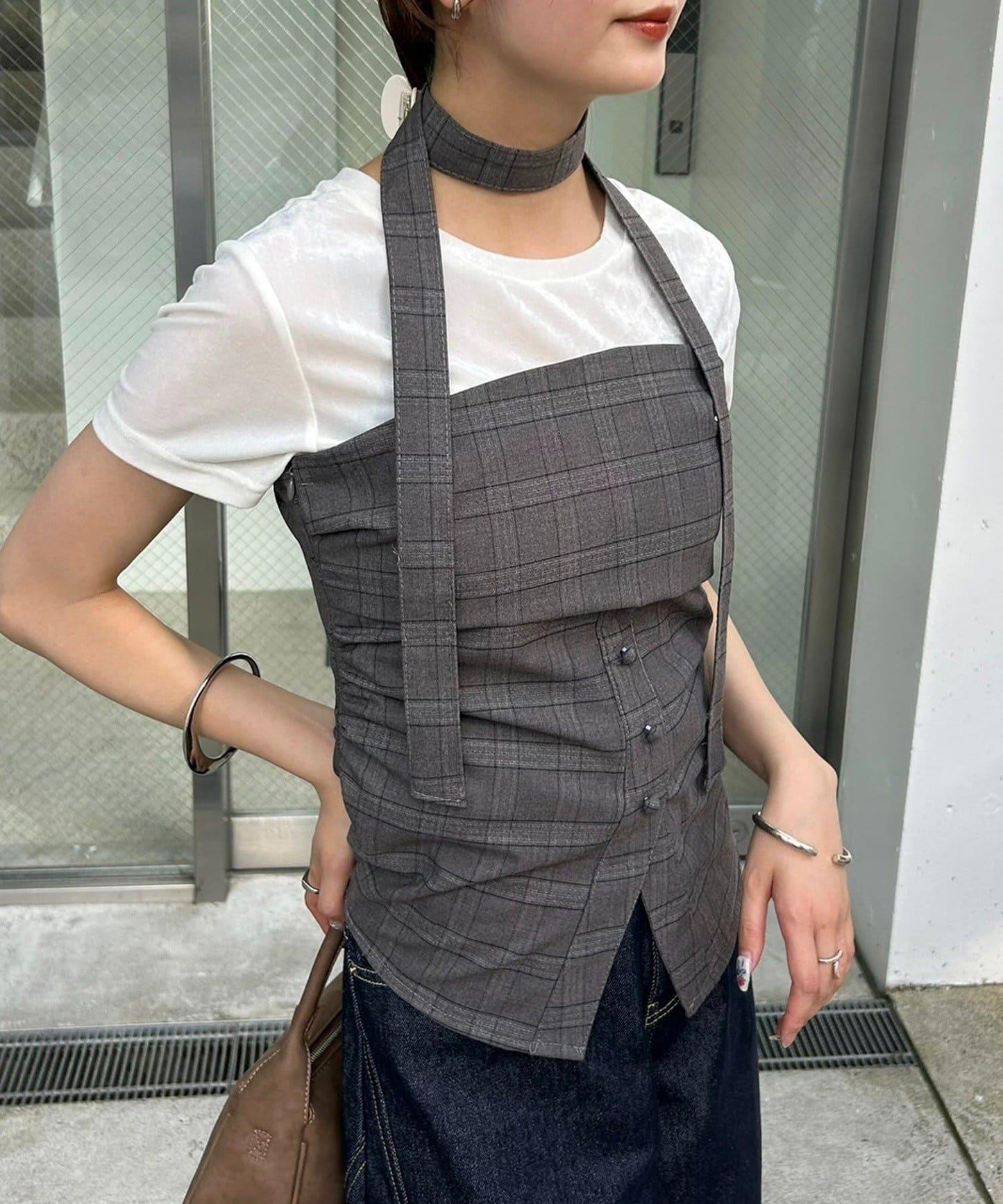 格紋抹胸上衣附項圈