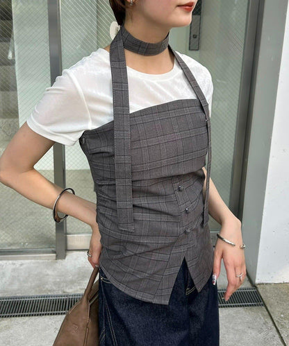 格紋抹胸上衣附項圈