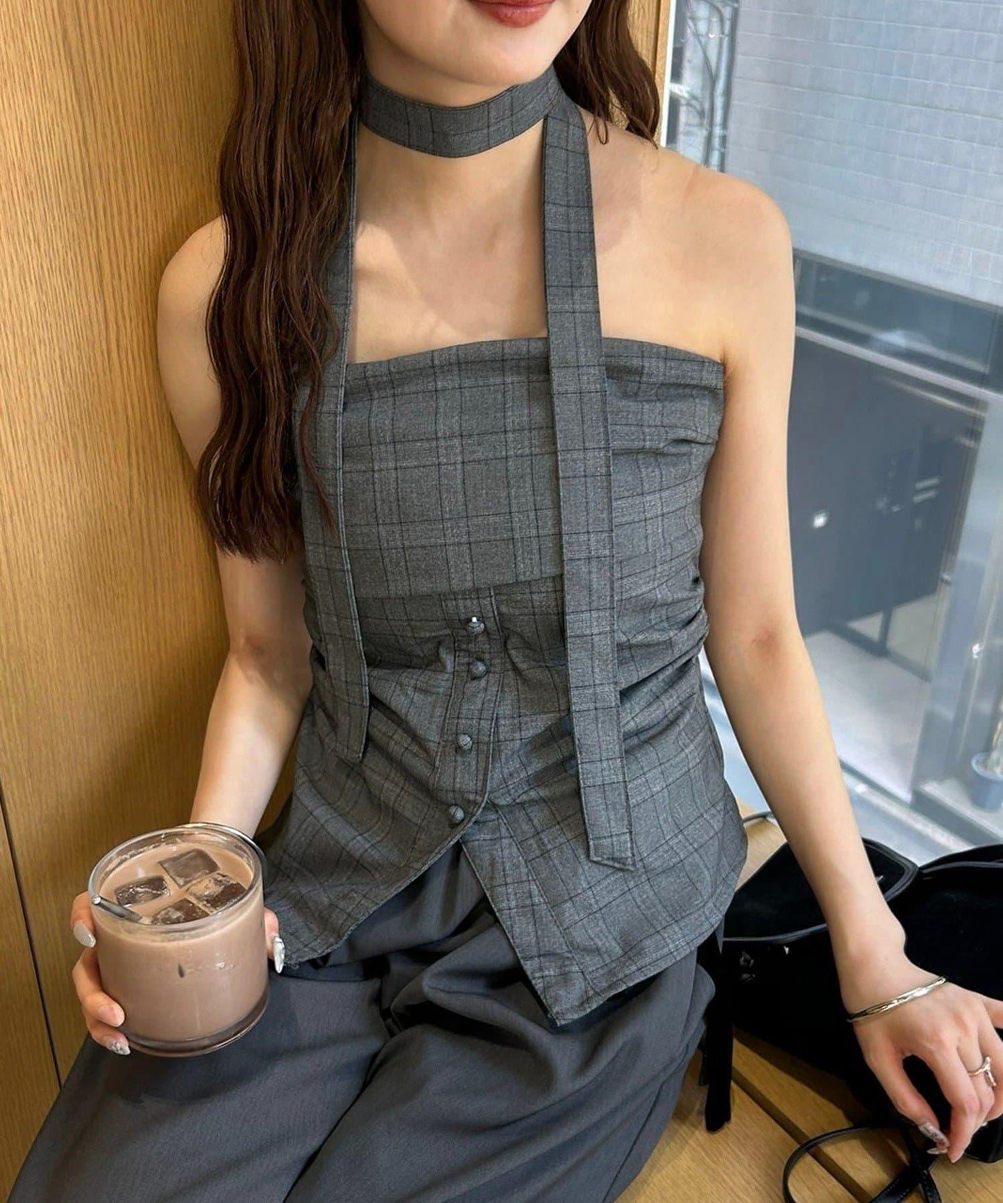 格紋抹胸上衣附項圈