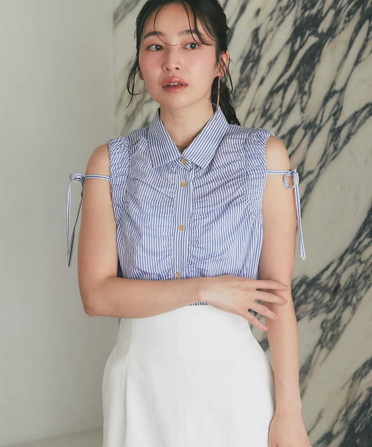 【La boutique BonBon】手臂褶皺條紋無袖襯衫