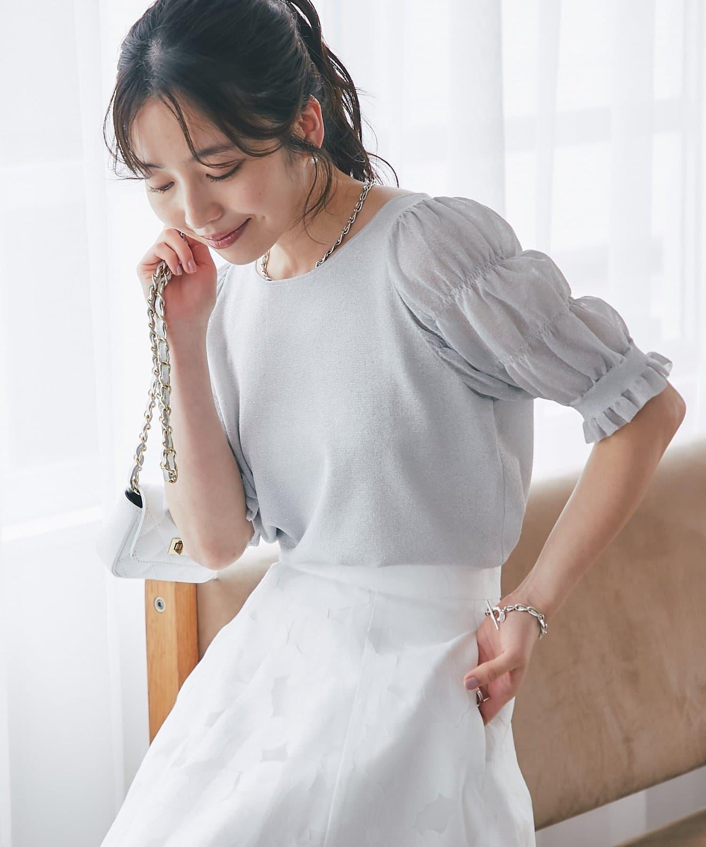 【La boutique BonBon】泡泡袖五分袖亮絲針織衫