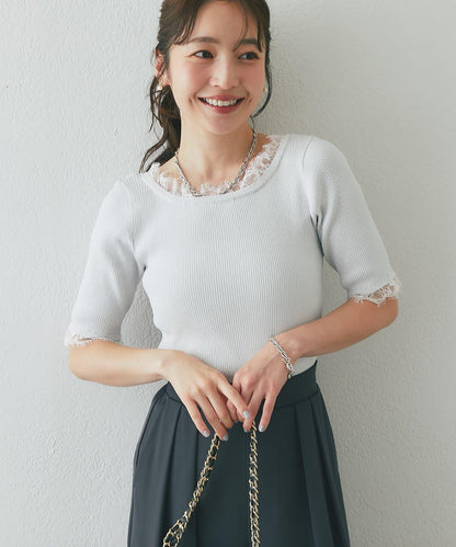 【La boutique BonBon】UV防曬蕾絲前後兩穿亮絲羅紋針織衫