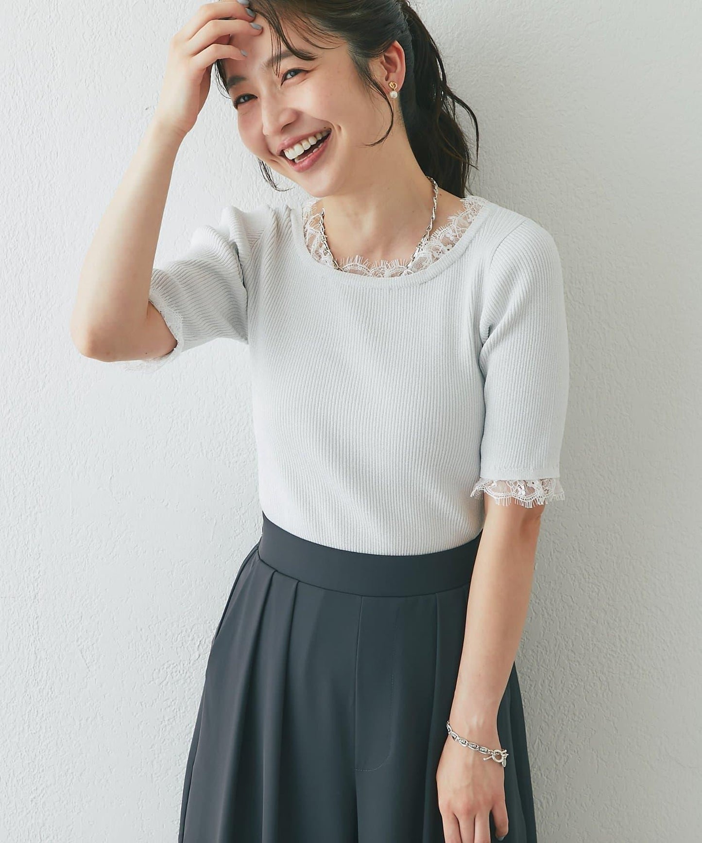 【La boutique BonBon】UV防曬蕾絲前後兩穿亮絲羅紋針織衫