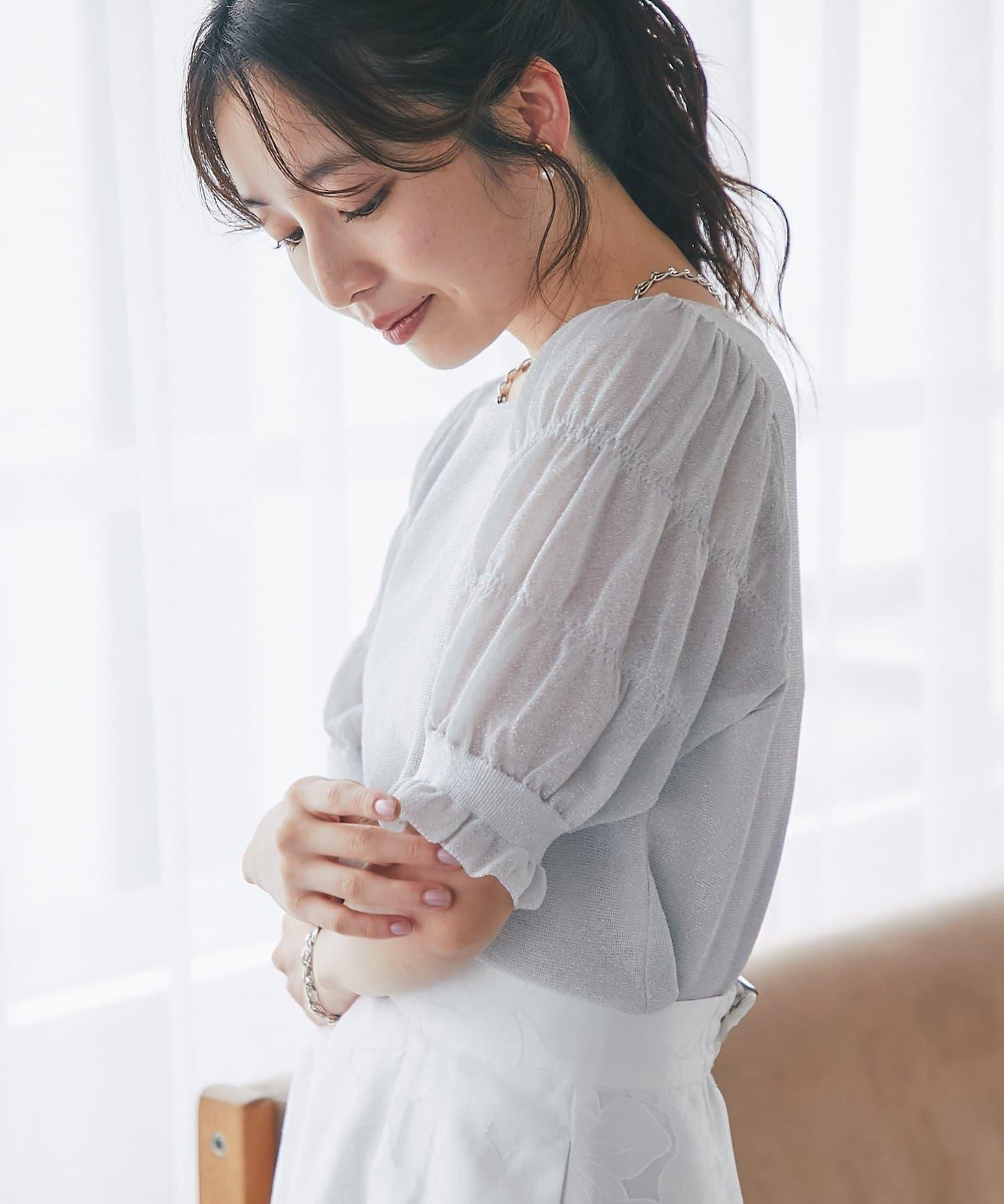 【La boutique BonBon】泡泡袖五分袖亮絲針織衫