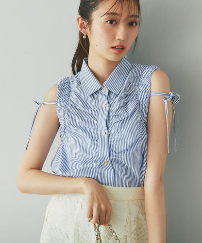 【La boutique BonBon】手臂褶皺條紋無袖襯衫