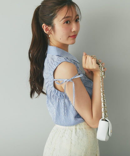 【La boutique BonBon】手臂褶皺條紋無袖襯衫