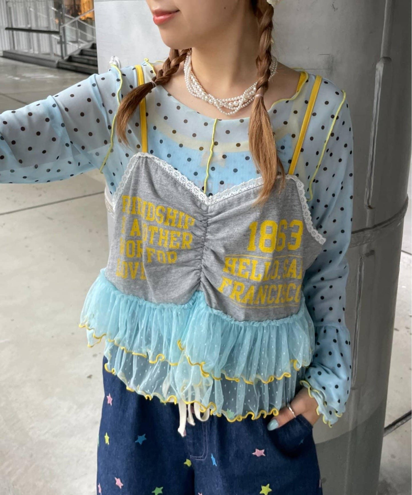 HELLO.SANFRANCISCO 印花Logo薄紗吊帶背心