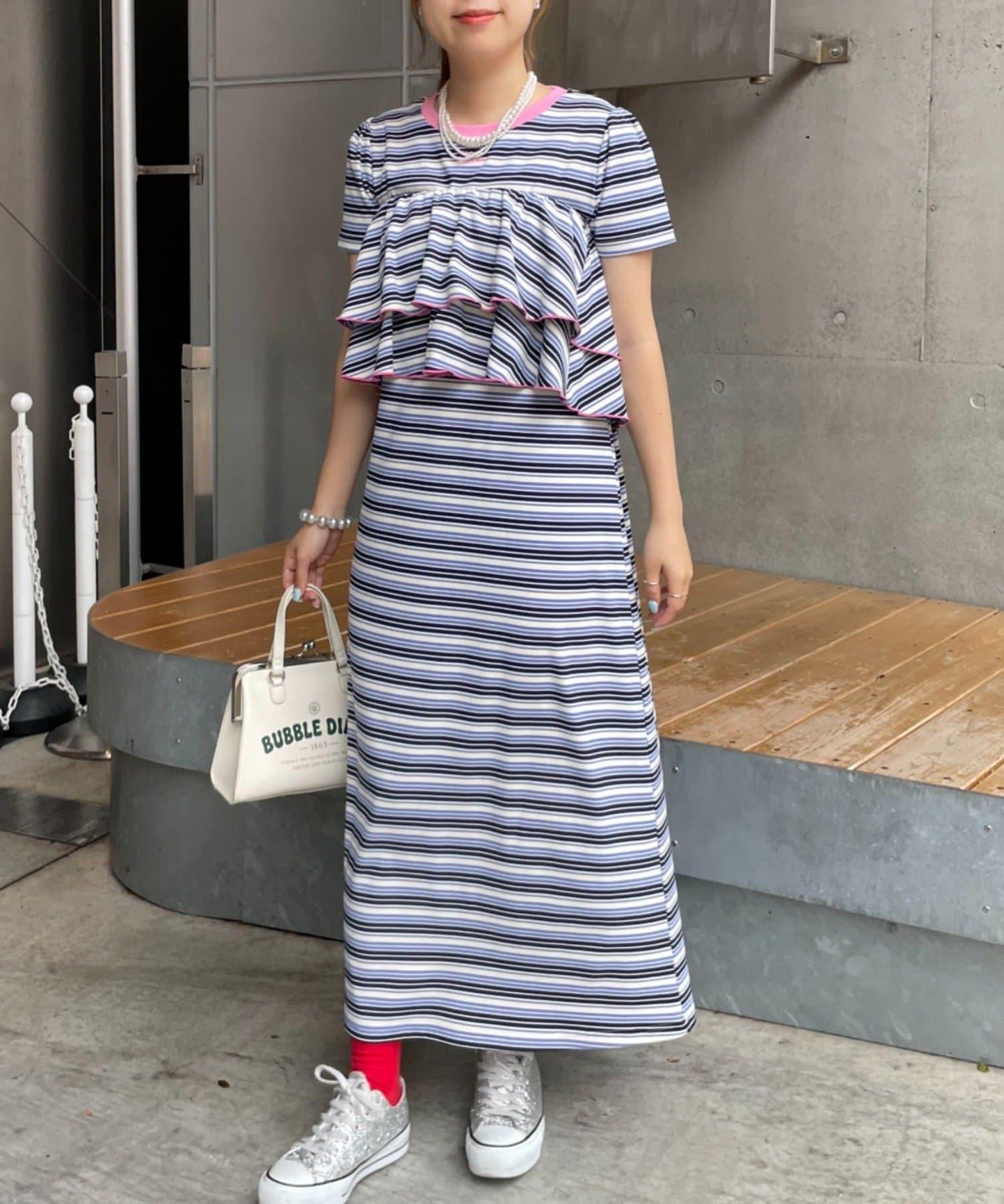 HELLO.SANFRANCISCO 多穿法荷葉邊條紋連衣裙