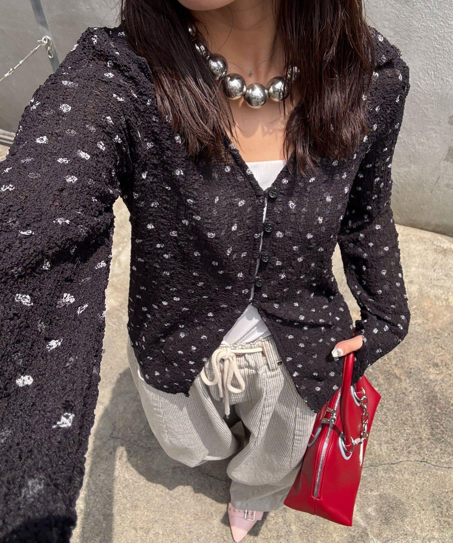 爆米花波點鏤空襯衫
