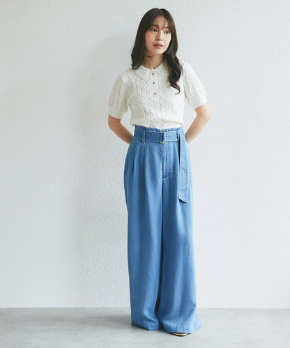 天絲牛仔布繫帶闊腿牛仔褲