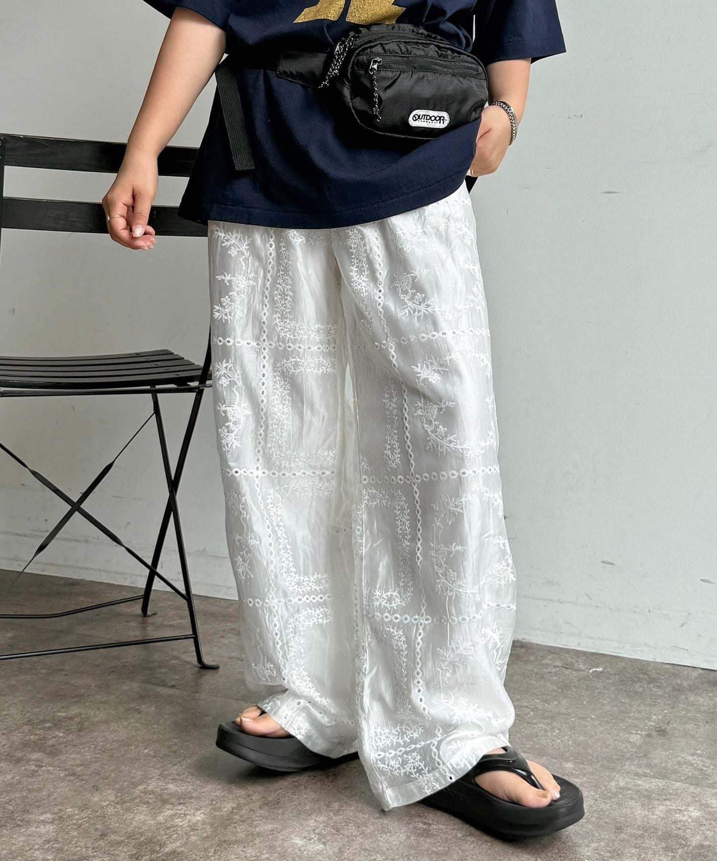 拼色刺繡薄紗長褲