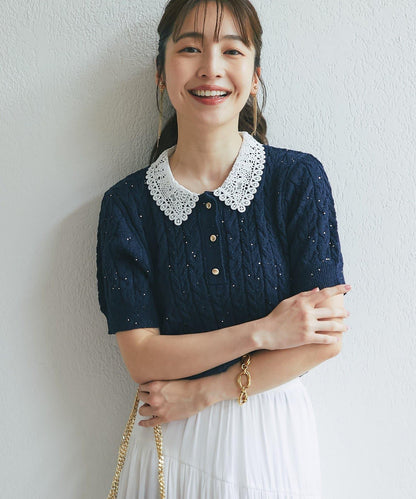 圈圈紗亮片麻花半袖針織衫