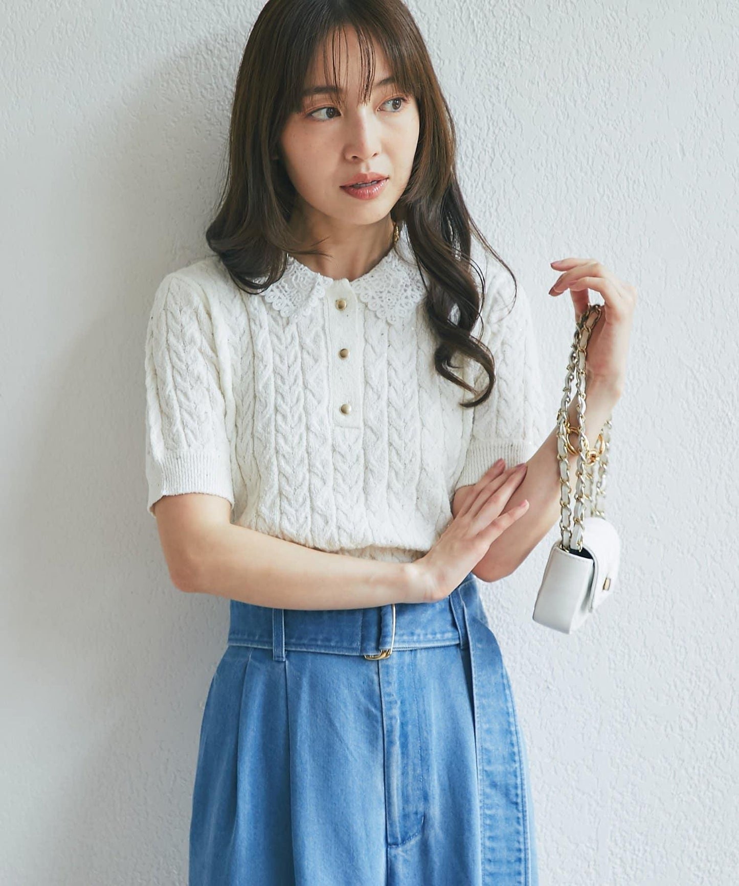 圈圈紗亮片麻花半袖針織衫