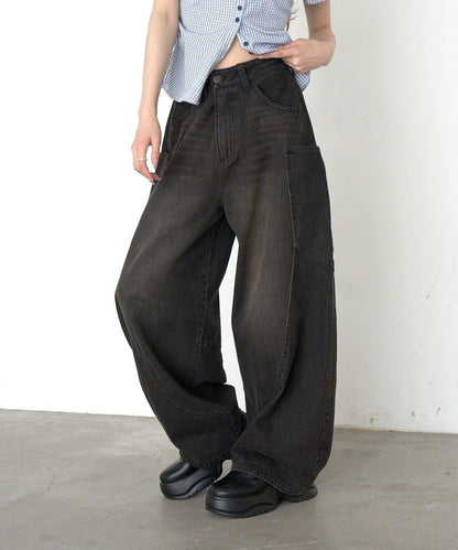 設計拼接牛仔 闊腿牛仔褲