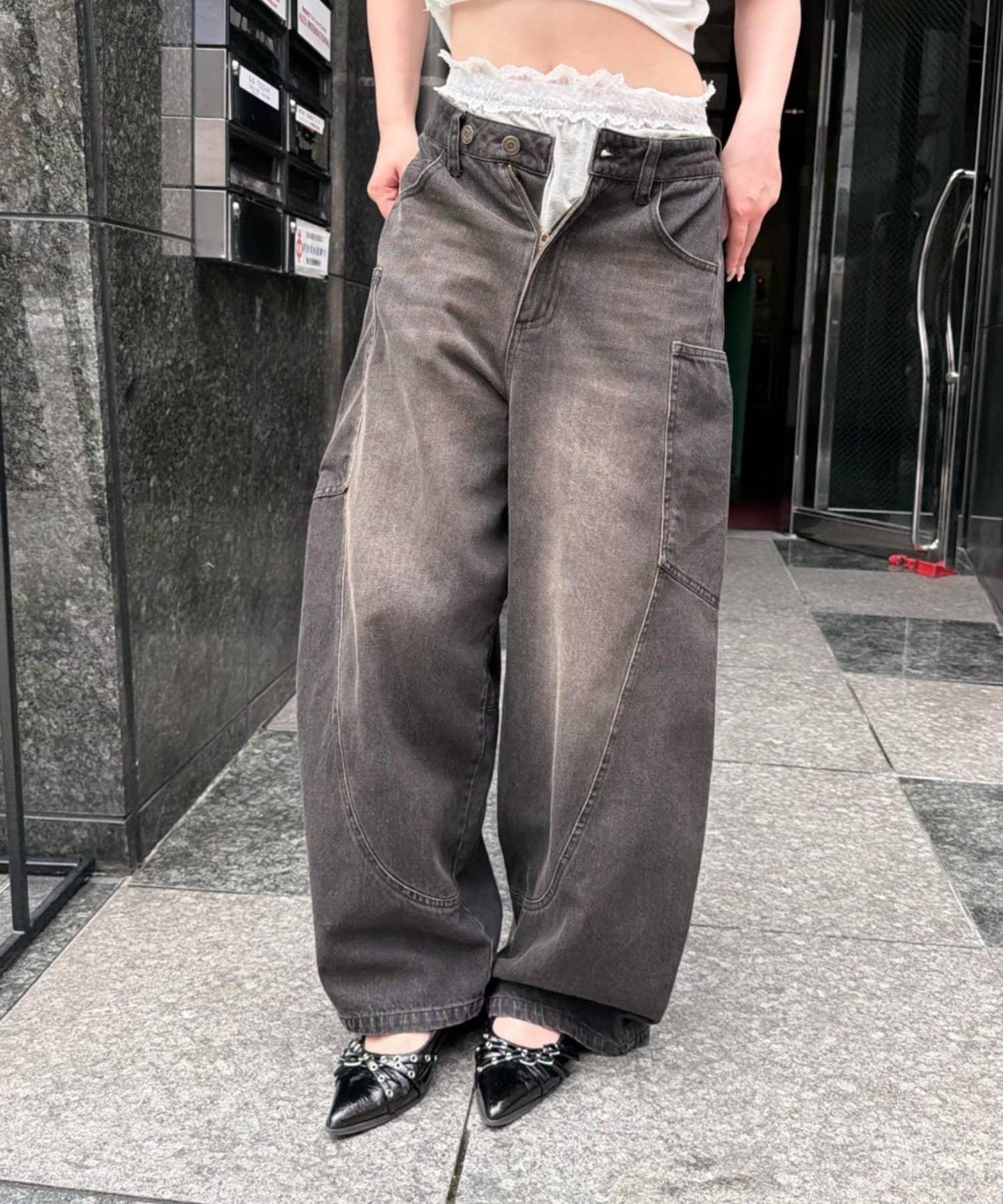 設計拼接牛仔 闊腿牛仔褲