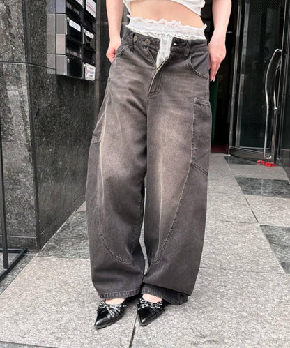 設計拼接牛仔 闊腿牛仔褲
