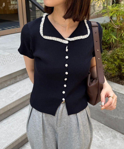 蕾絲拼接開叉短袖針織衫