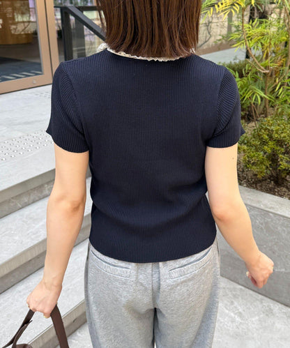 蕾絲拼接開叉短袖針織衫