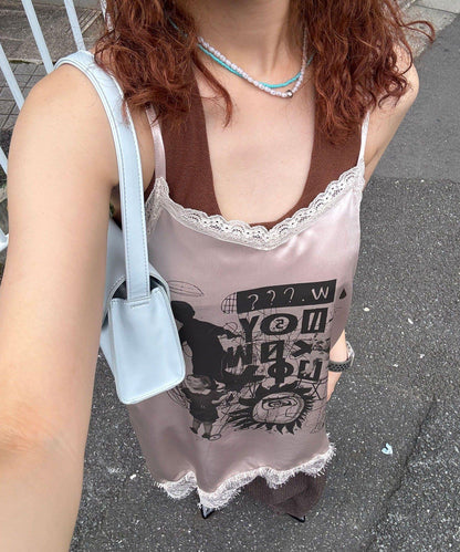 緞面印花不對稱吊帶連衣裙