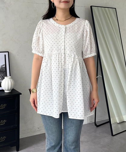 波點 珍珠紐扣 褶皺下襬襯衫
