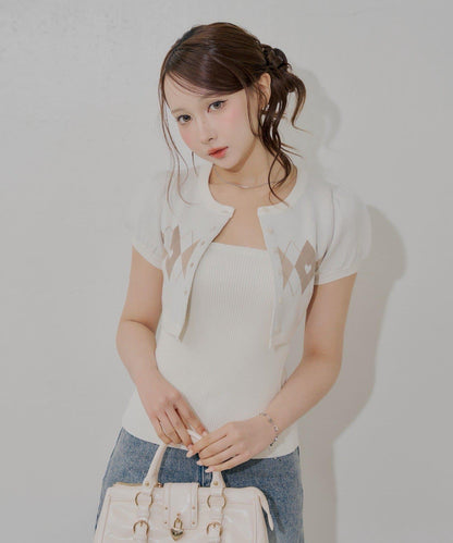 菱格紋吊帶開衫套裝