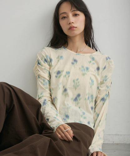 花朵印花純色 ニュアンスブルーム 上衣