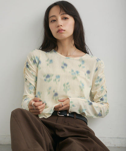 花朵印花純色 ニュアンスブルーム 上衣