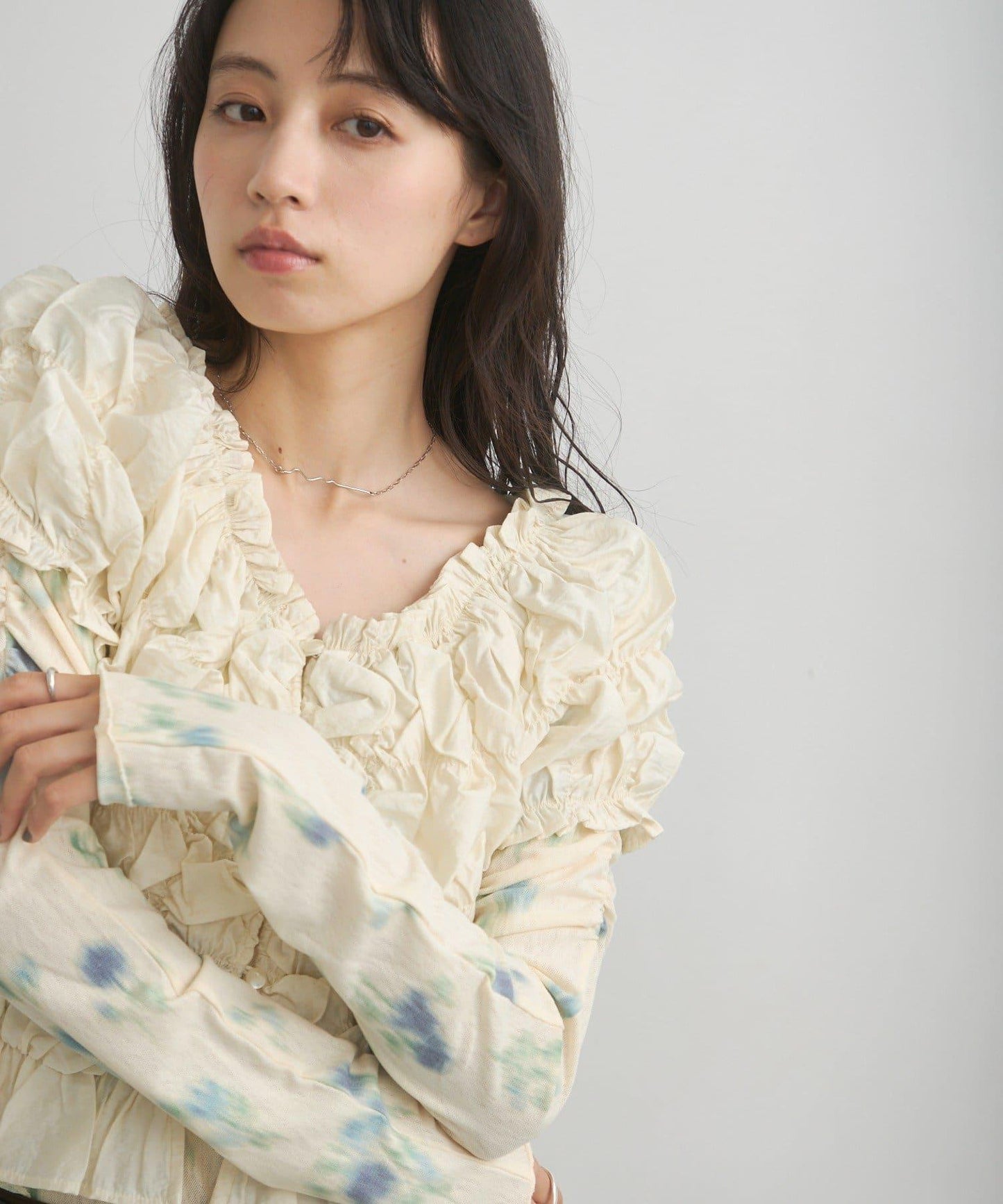 花朵印花純色 ニュアンスブルーム 上衣