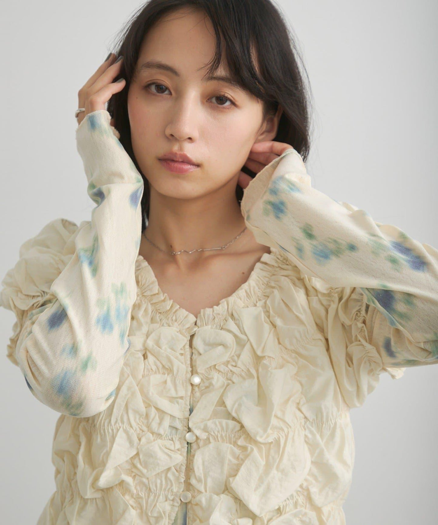 花朵印花純色 ニュアンスブルーム 上衣