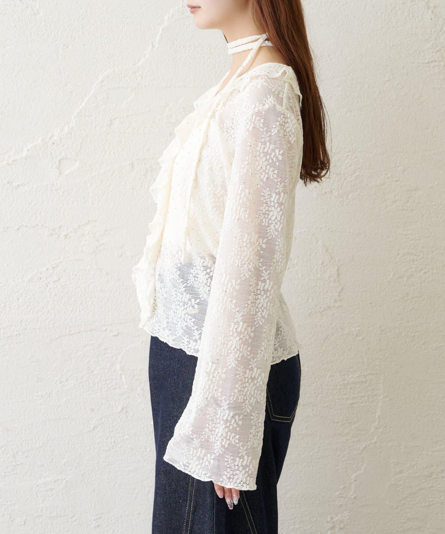 水鑽蕾絲荷葉邊針織開衫