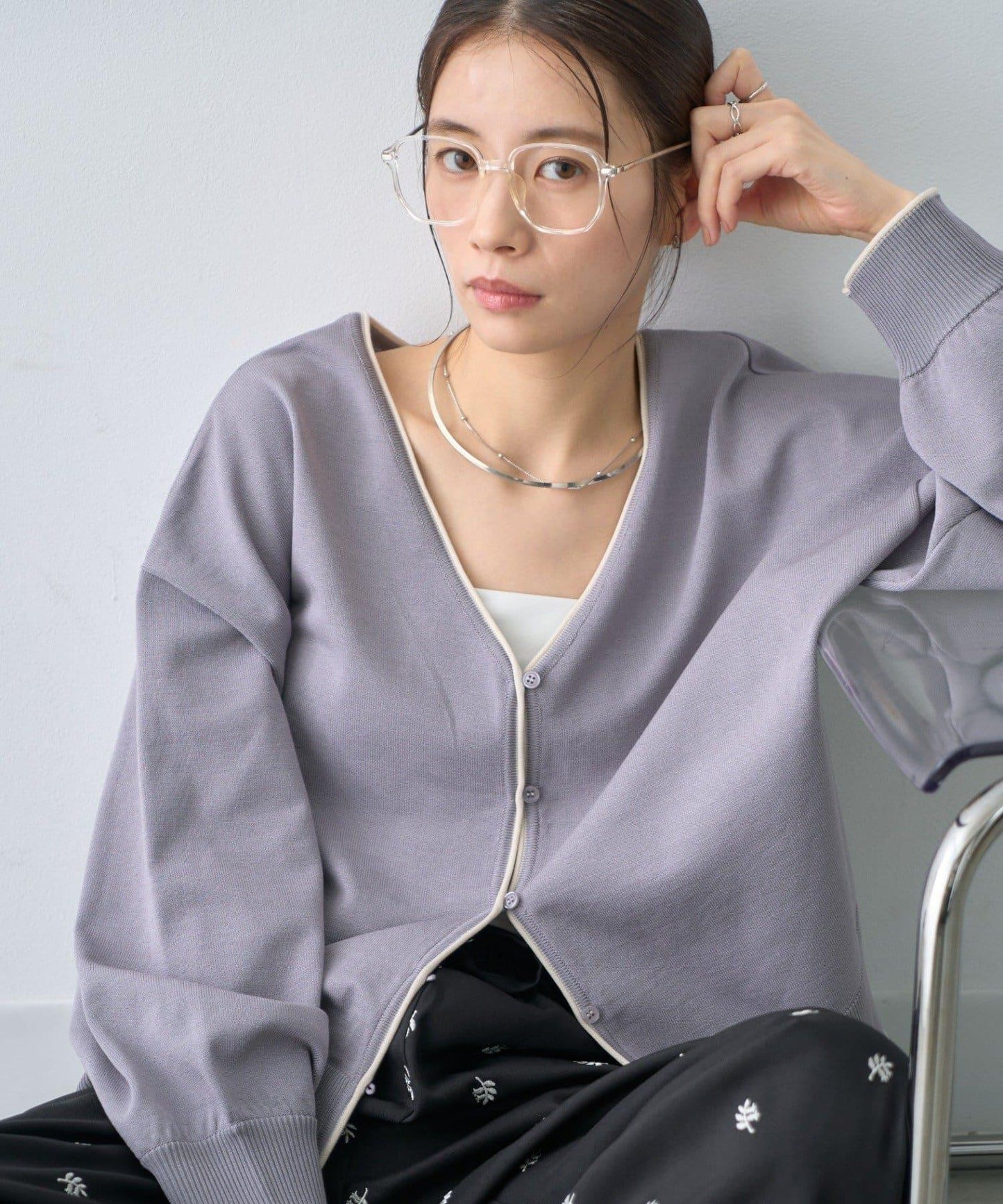多功能前後兩穿 環扣撞色針織開衫