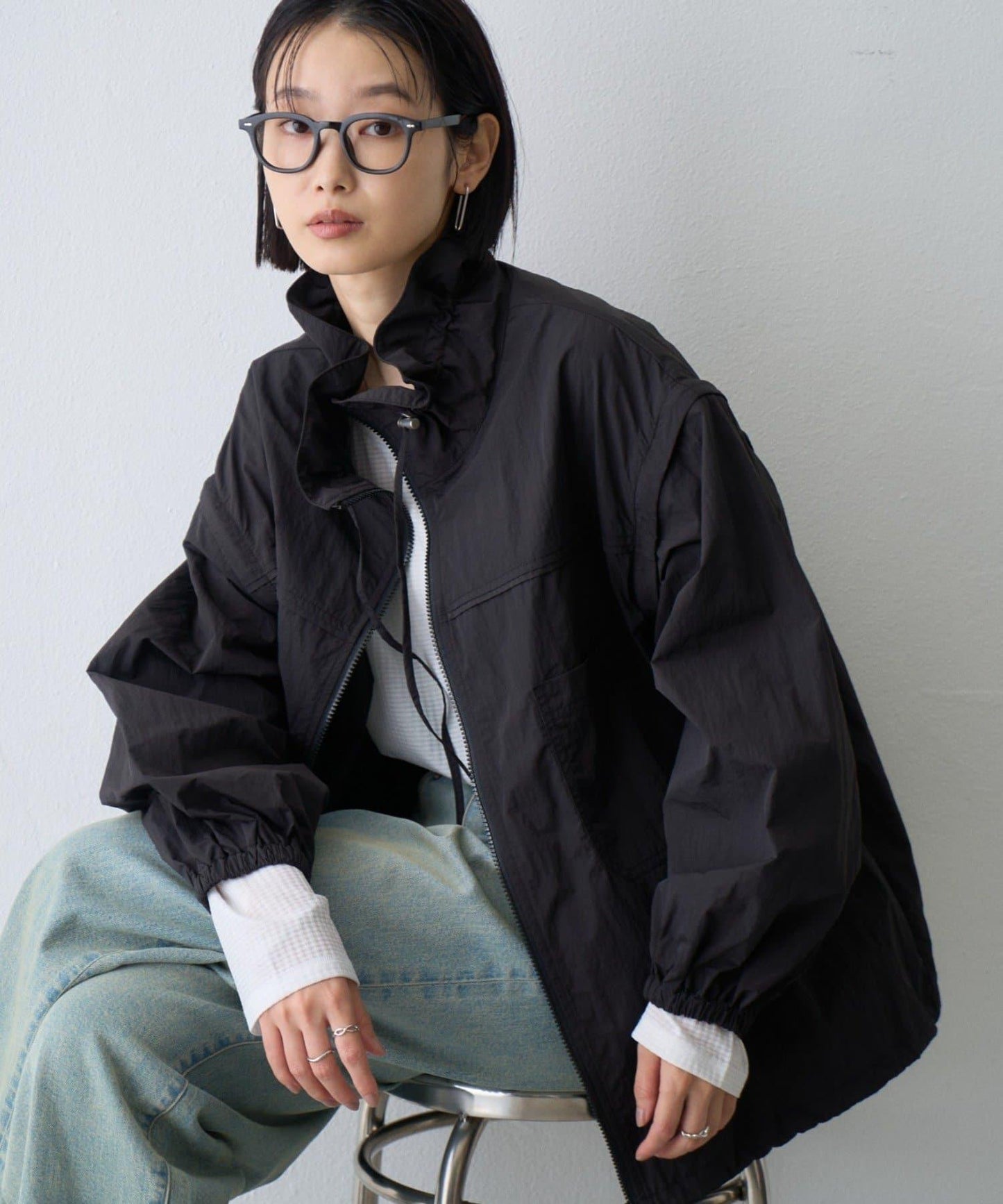 抽繩領口褶皺寬鬆尼龍外套