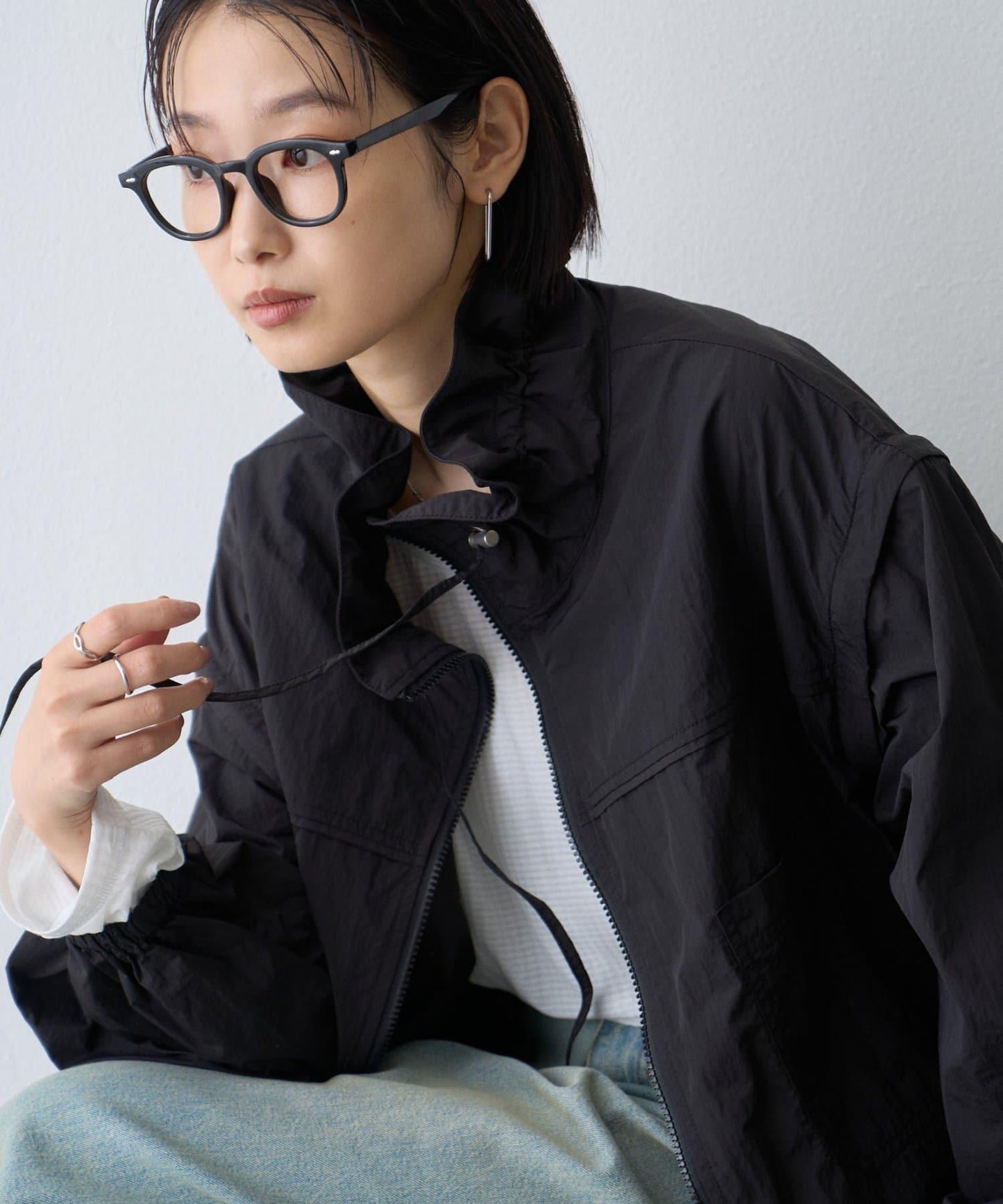 抽繩領口褶皺寬鬆尼龍外套