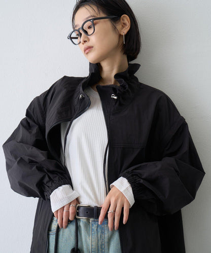 抽繩領口褶皺寬鬆尼龍外套