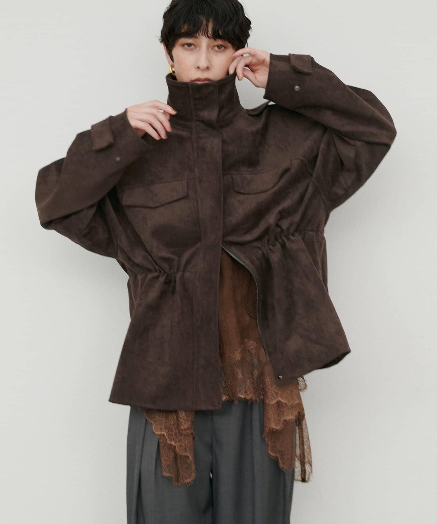 抽繩仿麂皮拼接PU夾克
