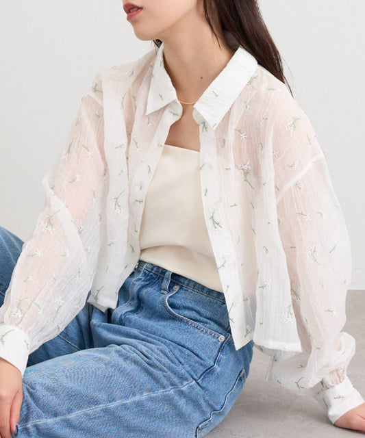 花朵刺繡 短款襯衫