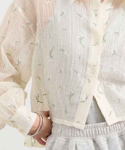 花朵刺繡 短款襯衫