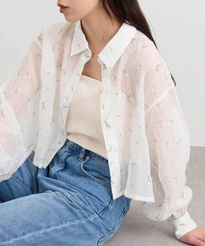 花朵刺繡 短款襯衫