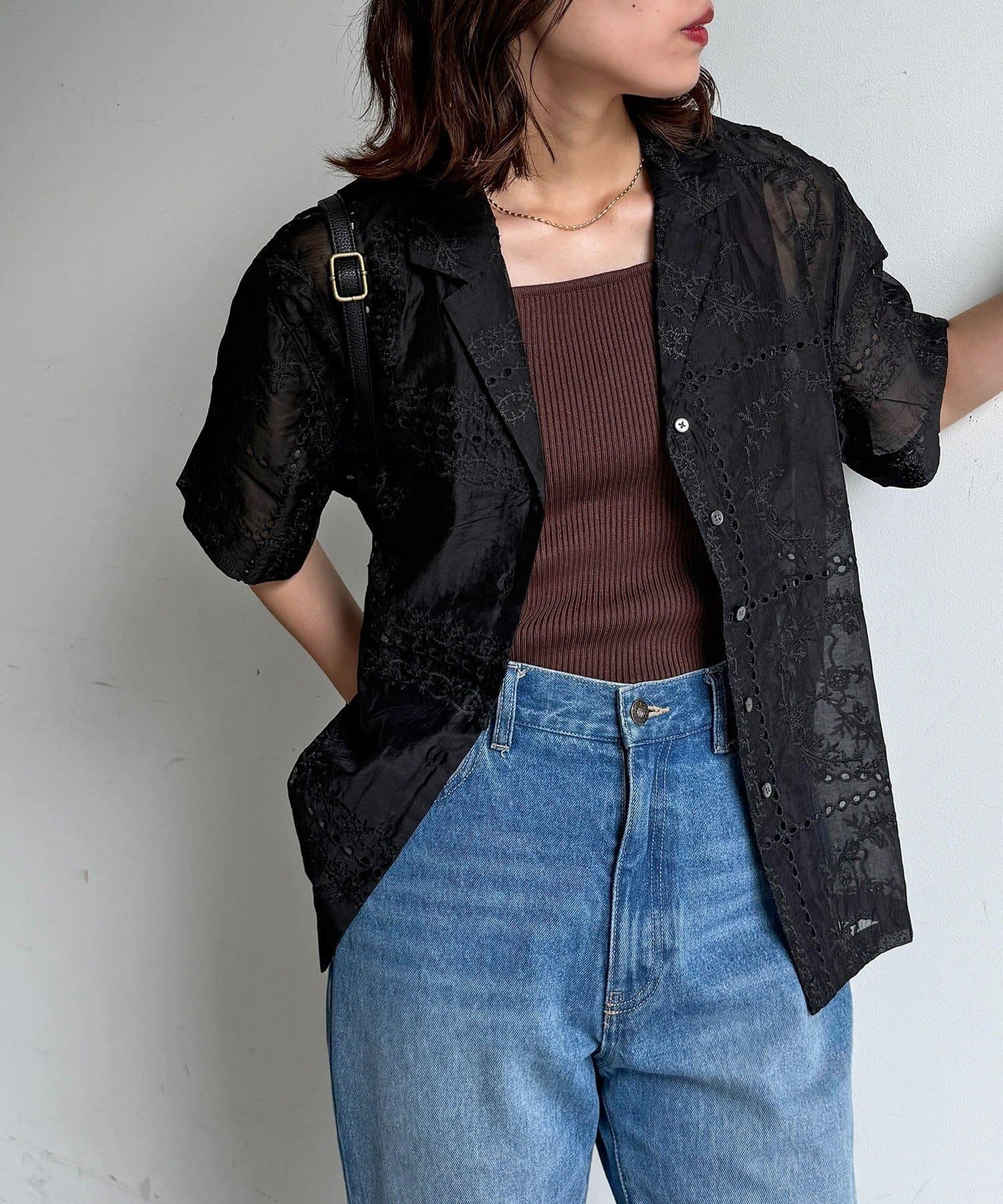 【可成套穿著】拼布刺繡半袖透視襯衫